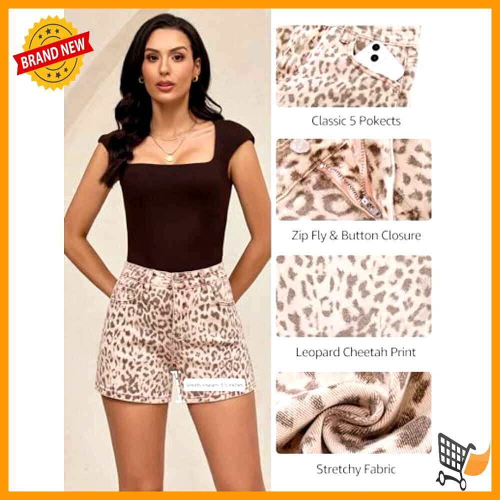 High Waisted Jean Shorts Stretchy Denim Cheetah Print Summer Casual Jorts - Picture 6 of 7